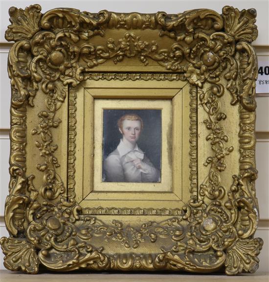 Early 19th century English School, oil on ivory, miniature portrait of a red haired young man, 8 x 7cm